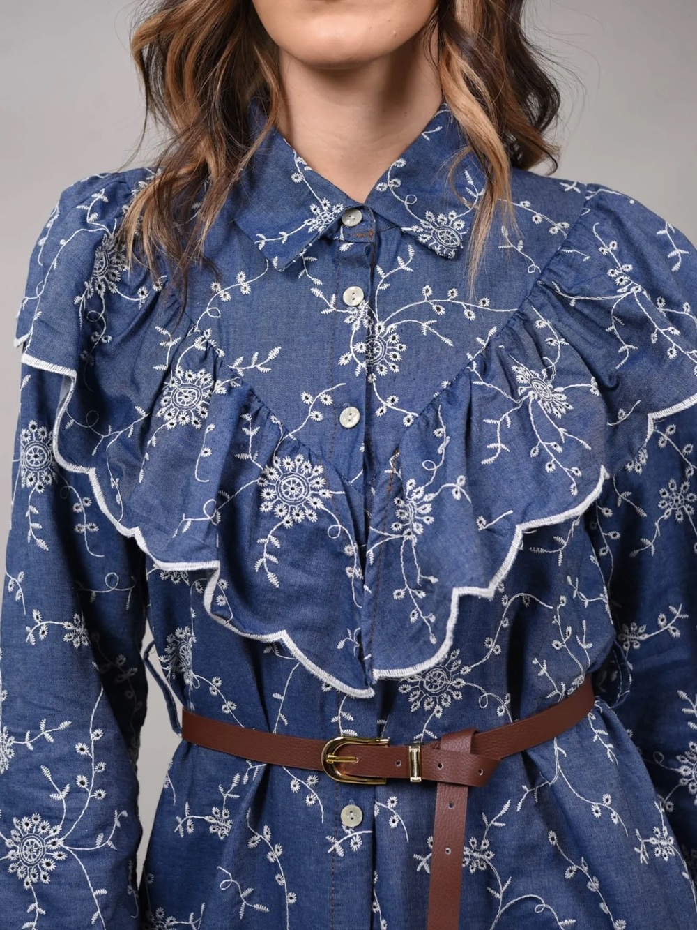 Blue Embroidered Ruffle Front Women's Dress